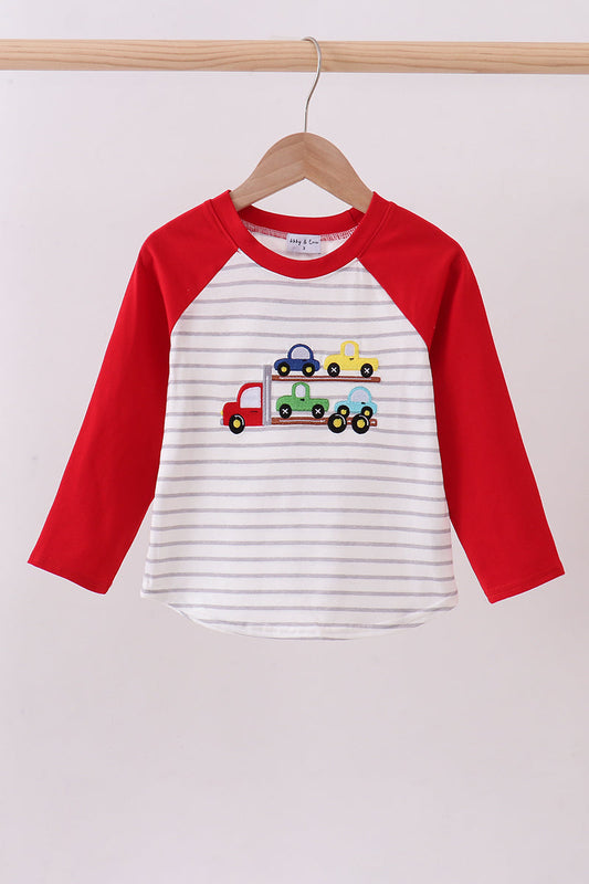 Red Car Embroidery Stripe Top