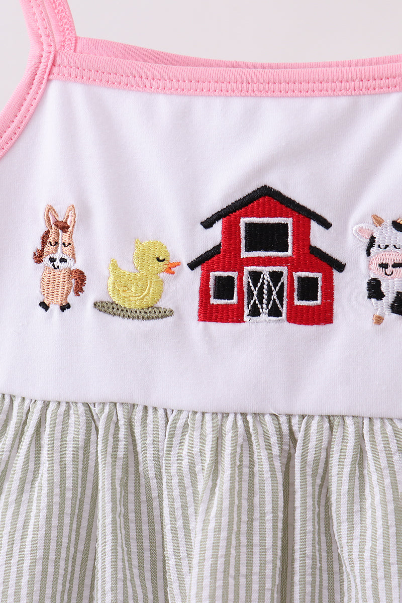 Pink Seersucker Farm Animals Embroidery Ruffle Dress