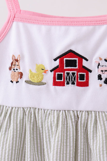 Pink Seersucker Farm Animals Embroidery Ruffle Dress