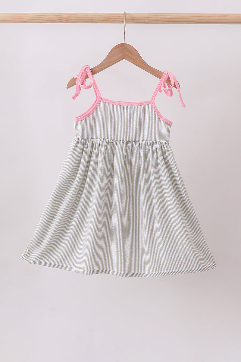 Pink Seersucker Farm Animals Embroidery Ruffle Dress