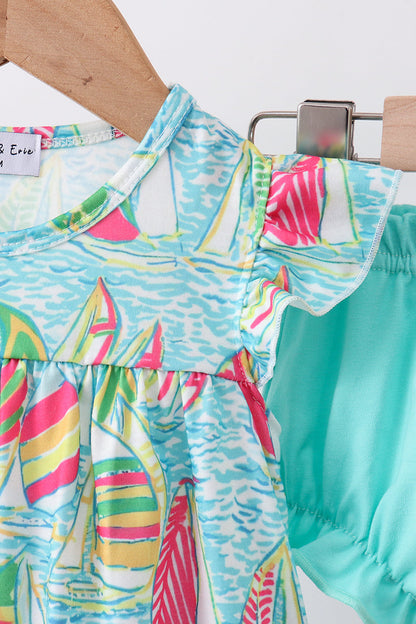 Blue Sailboat Print Ruffle Bloomer Set