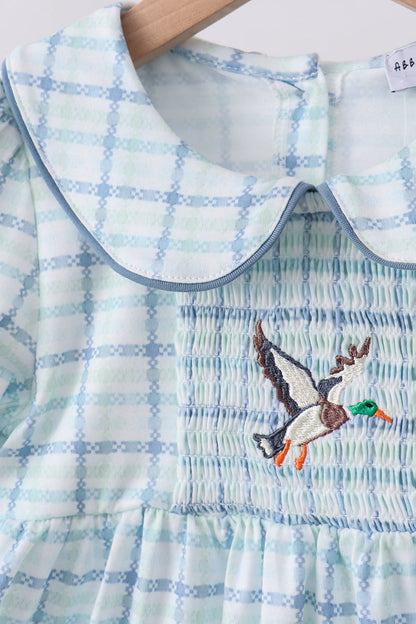 Blue Plaid Duck Smocked Ruffle Shorts Set