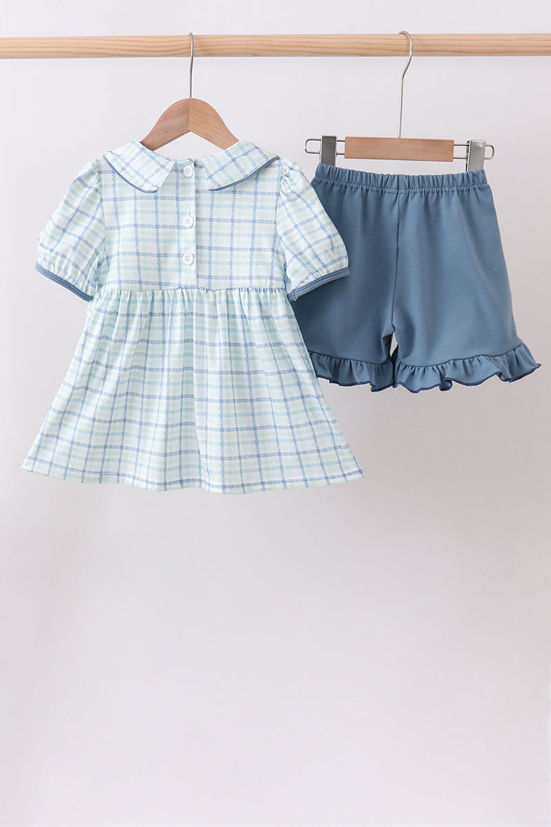 Blue Plaid Duck Smocked Ruffle Shorts Set