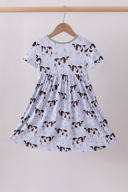 Blue Cow Print Bamboo Gingham Dress