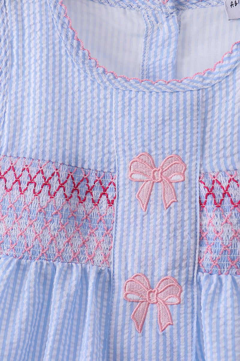 Blue Seersucker Bow Smocked Ruffle Shorts Set