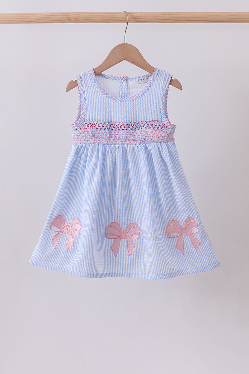 Blue Seersucker Bow Smocked Dress