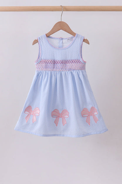 Blue Seersucker Bow Smocked Dress