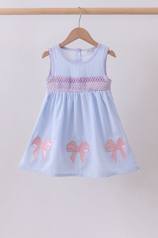 Blue Seersucker Bow Smocked Dress