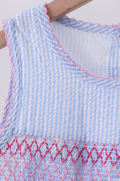 Blue Seersucker Bow Smocked Dress