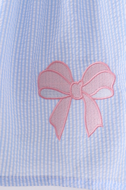 Blue Seersucker Bow Smocked Dress