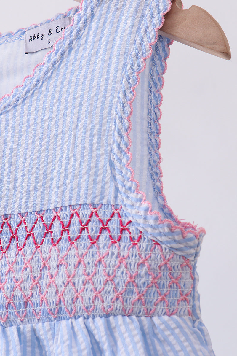 Blue Seersucker Bow Smocked Dress