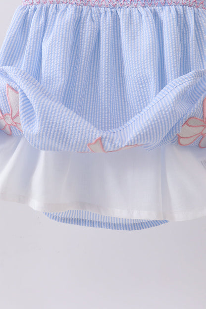 Blue Seersucker Bow Smocked Dress