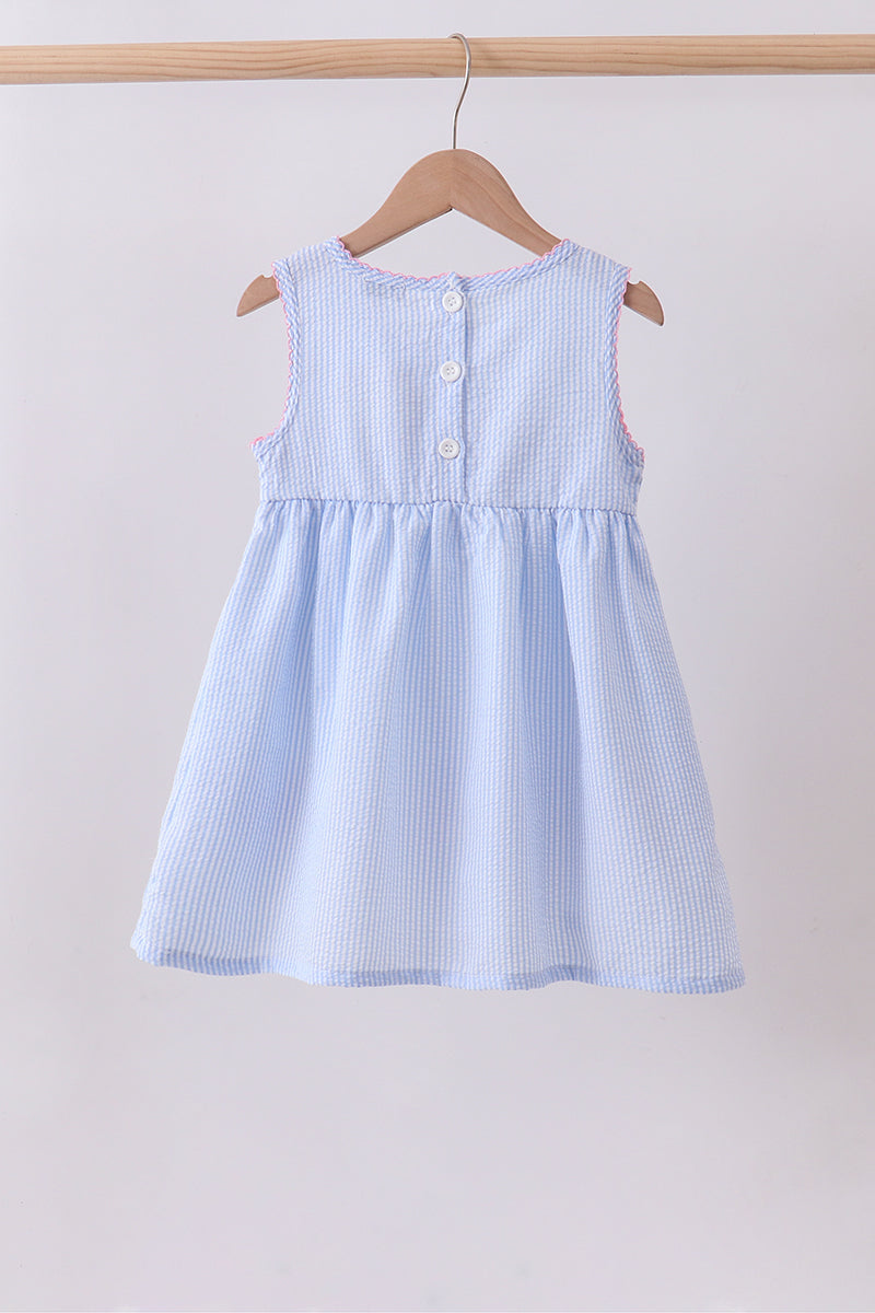 Blue Seersucker Bow Smocked Dress