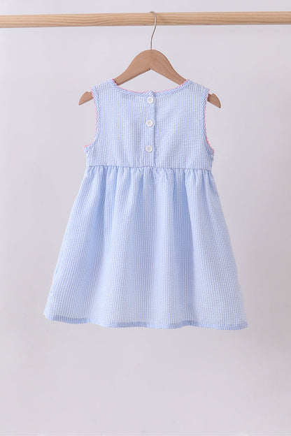Blue Seersucker Bow Smocked Dress