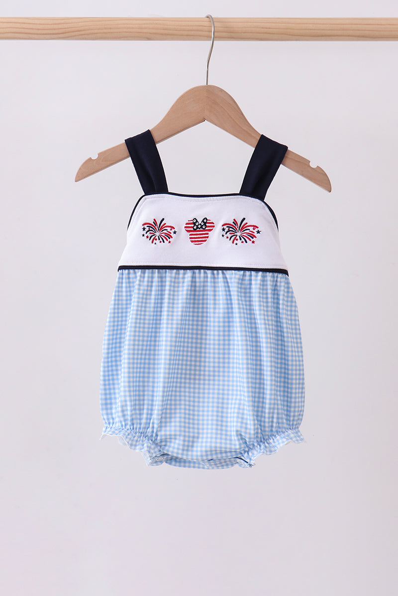 Blue Character Embroidery Gingham Bubble