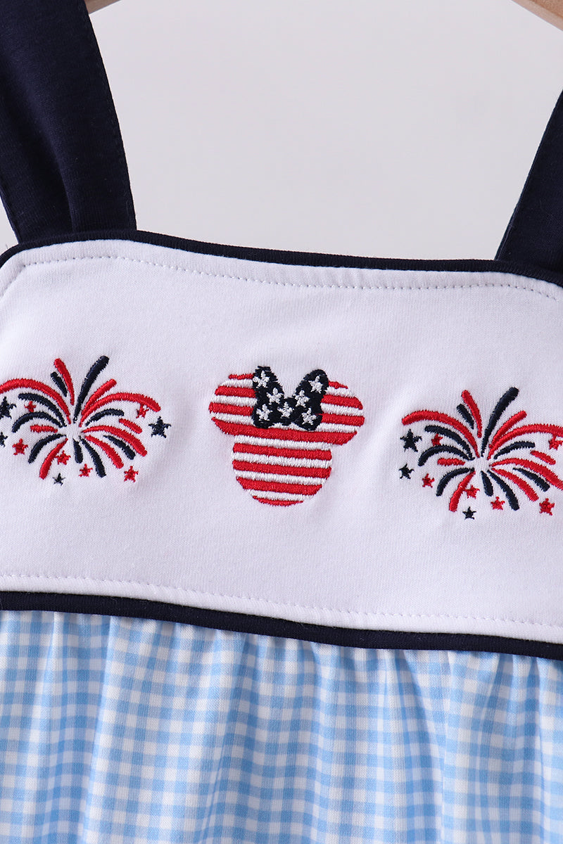 Blue Character Embroidery Gingham Bubble
