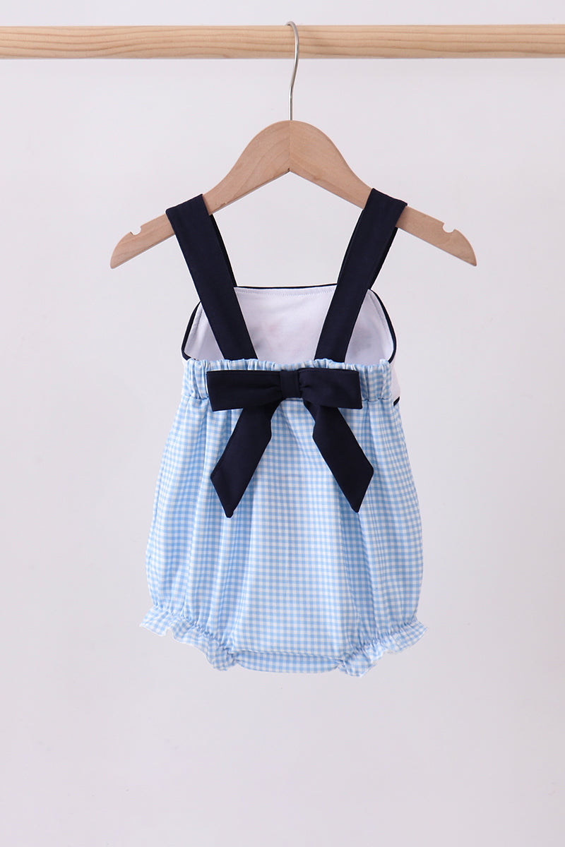 Blue Character Embroidery Gingham Bubble