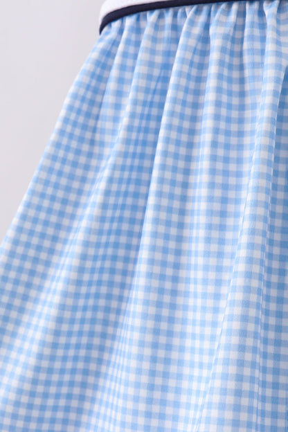 Blue Character Embroidery Gingham Bloomer Set