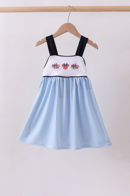 Blue Character Fireworks Embroidery Gingham Dress