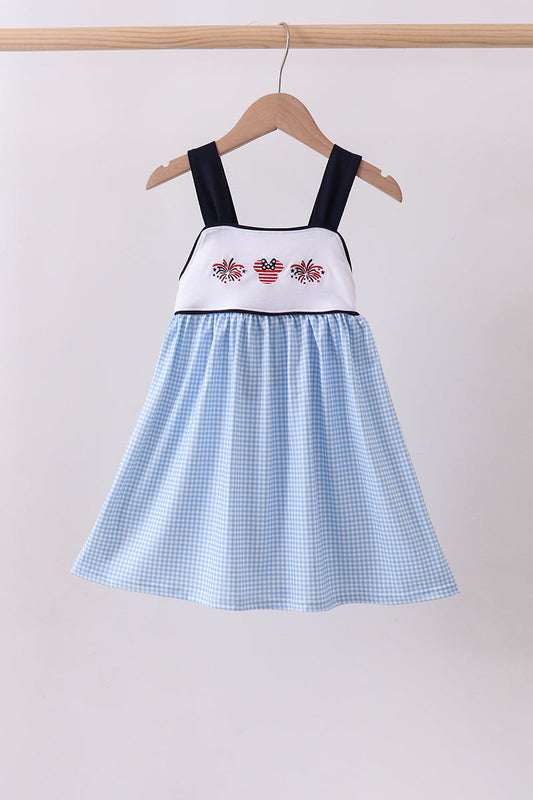 Blue Character Fireworks Embroidery Gingham Dress