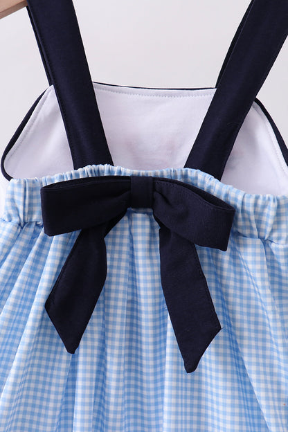 Blue Character Fireworks Embroidery Gingham Dress