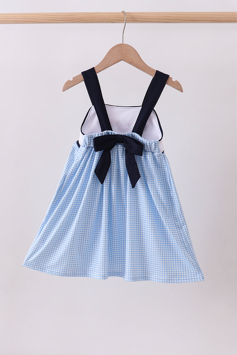 Blue Character Fireworks Embroidery Gingham Dress