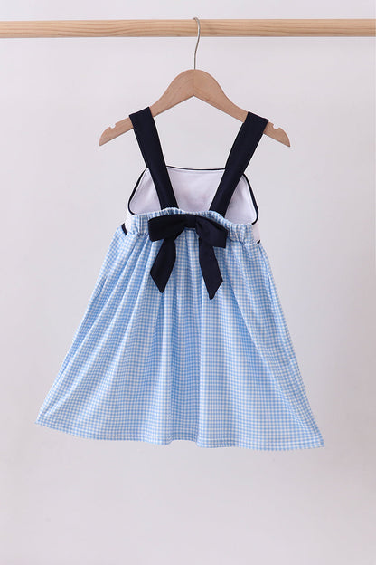 Blue Character Fireworks Embroidery Gingham Dress