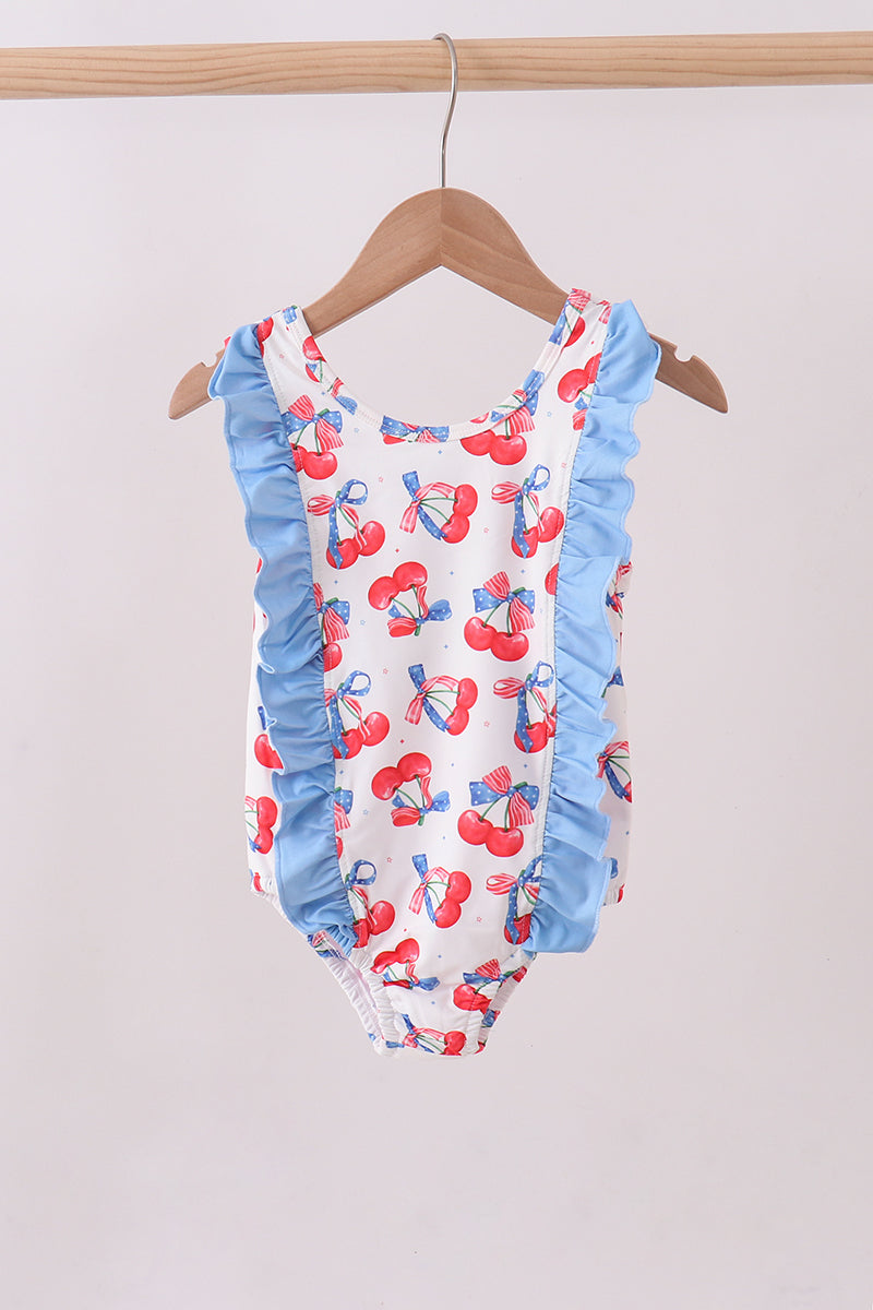 Blue Cherry Print Ruffle Swimsuit