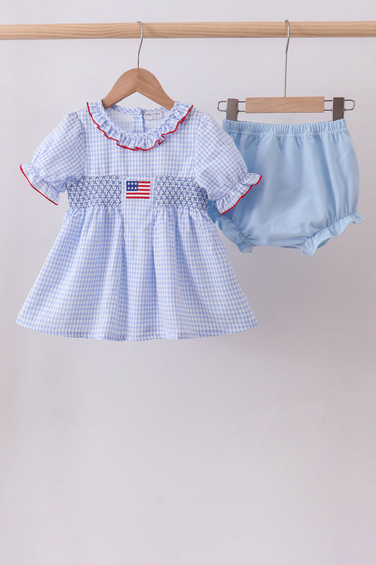 Blue Flag Smocked Ruffle Bloomer Set