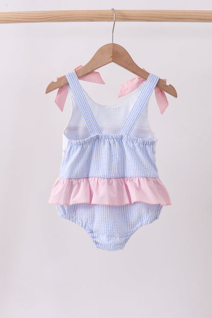 Blue Stripe Seersucker Crab Embroidery Swimsuit