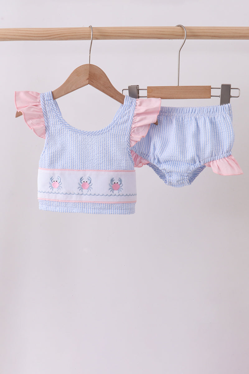 Blue Stripe Seersucker Crab Embroidery 2pc Ruffle Swimsuit