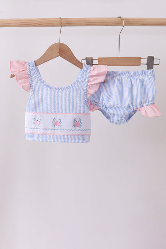 Blue Stripe Seersucker Crab Embroidery 2pc Ruffle Swimsuit