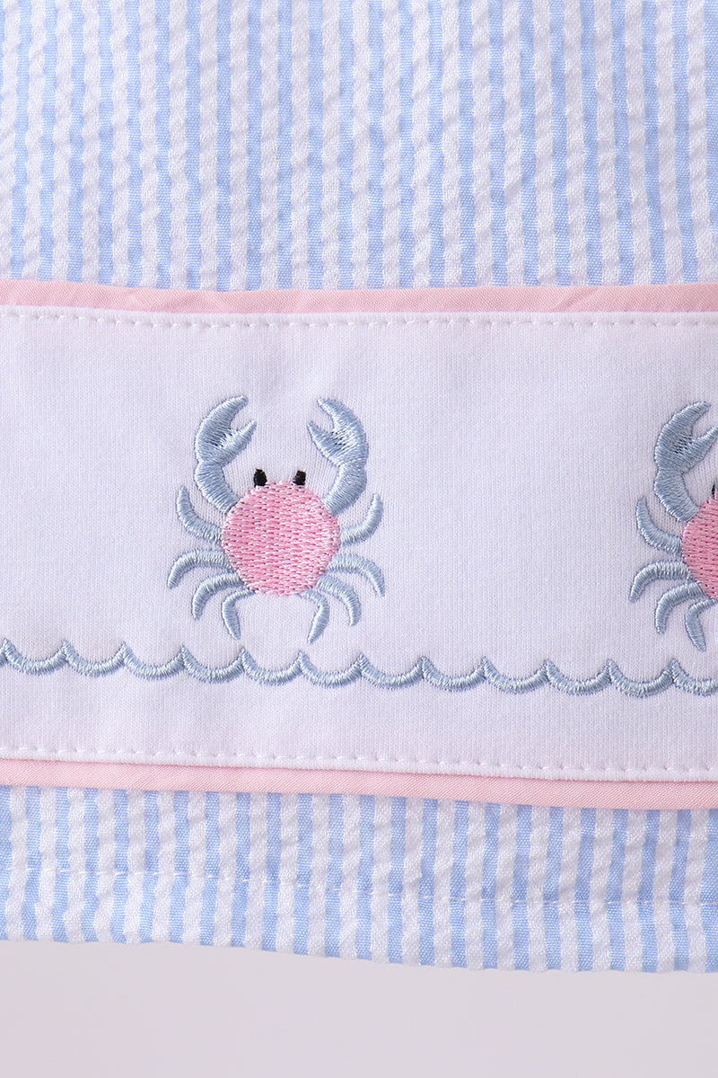 Blue Stripe Seersucker Crab Embroidery 2pc Ruffle Swimsuit