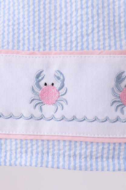 Blue Stripe Seersucker Crab Embroidery 2pc Ruffle Swimsuit