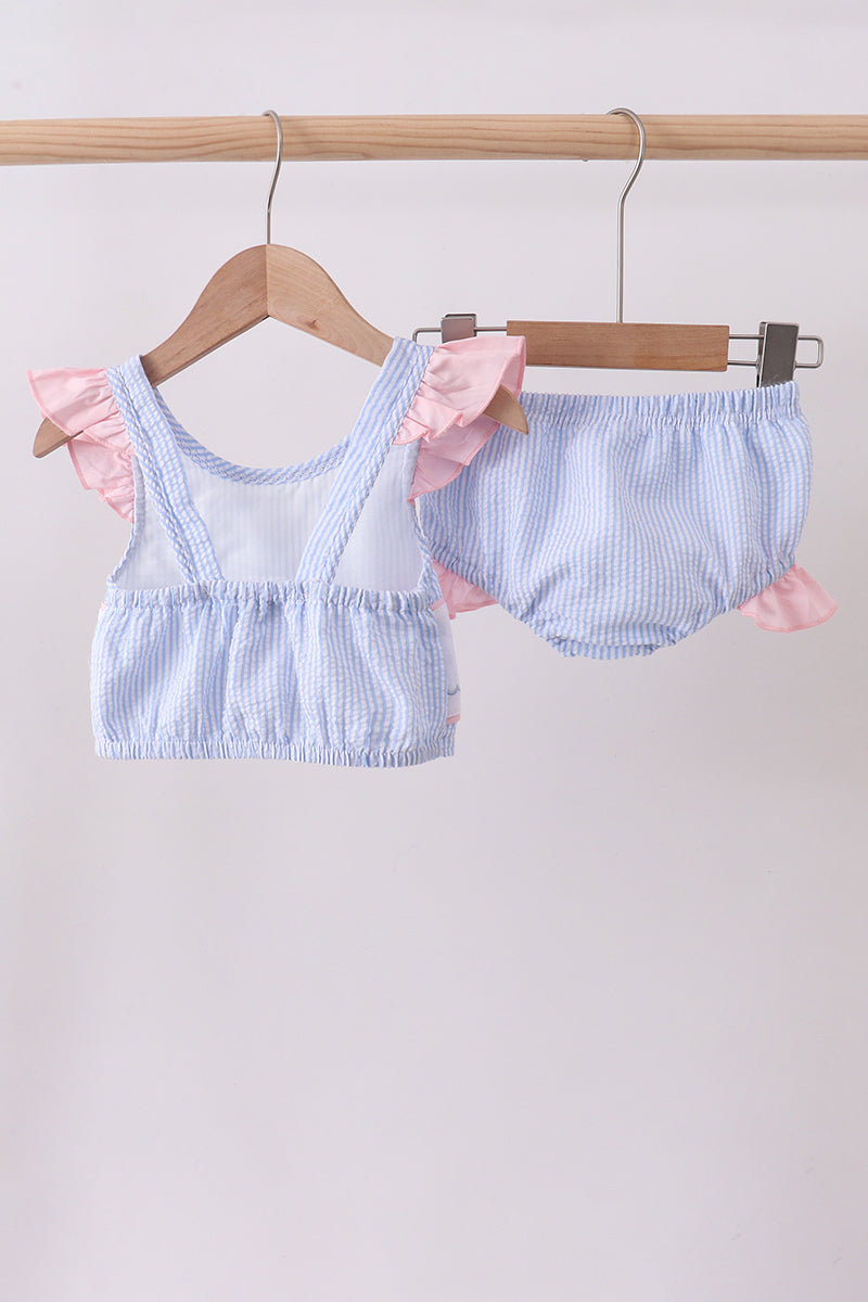 Blue Stripe Seersucker Crab Embroidery 2pc Ruffle Swimsuit