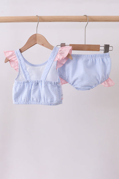 Blue Stripe Seersucker Crab Embroidery 2pc Ruffle Swimsuit