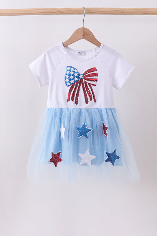 Blue Bow Star Sequin Tulle Dress