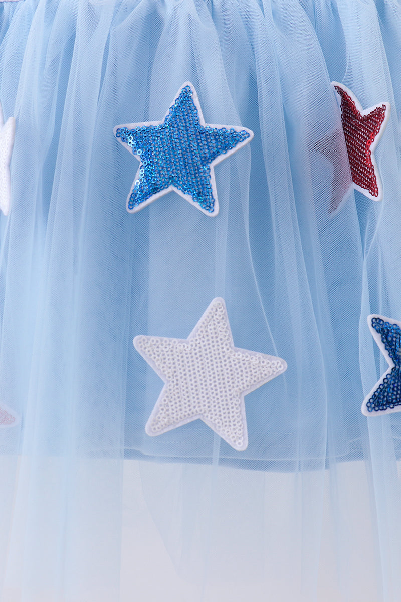 Blue Bow Star Sequin Tulle Dress