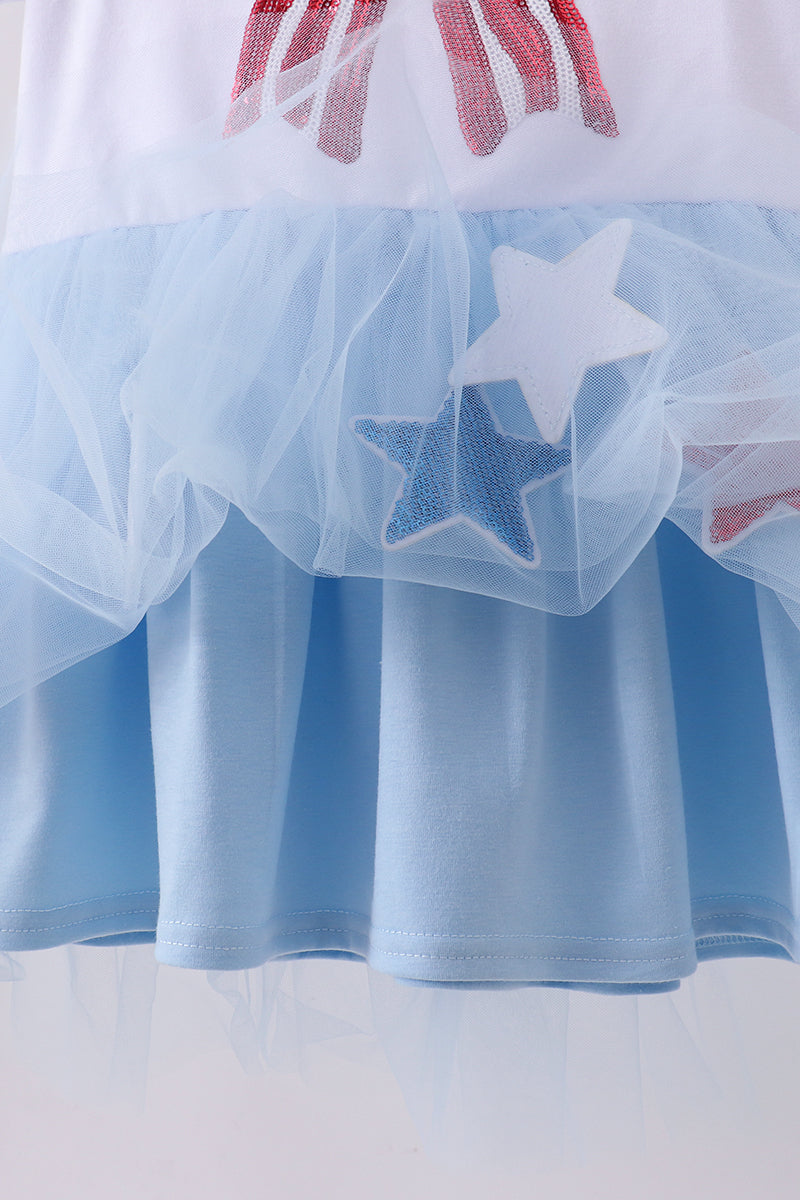 Blue Bow Star Sequin Tulle Dress