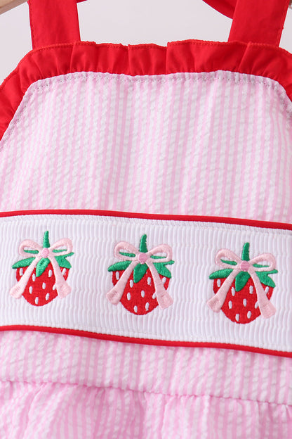 Pink Stripe Seersucker Strawberry Smocked One-piece Swimsuit