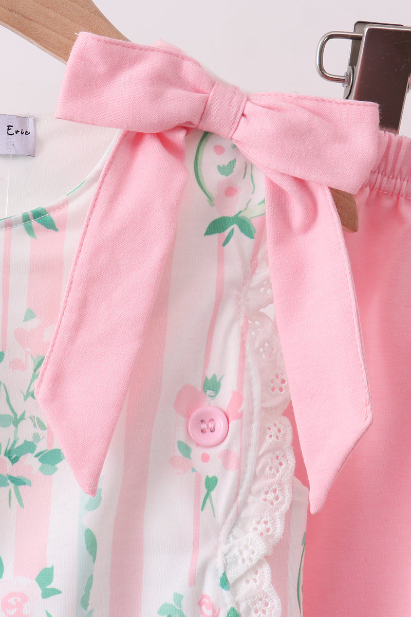 Pink Floral Print Bow Ruffle Shorts Set
