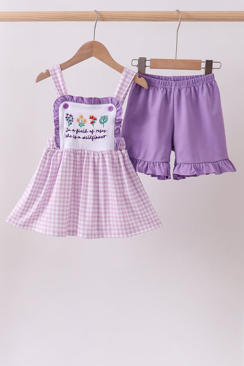 Purple Floral Embroidery Gingham Ruffle Shorts Set