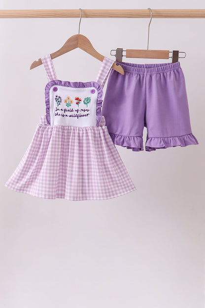 Purple Floral Embroidery Gingham Ruffle Shorts Set
