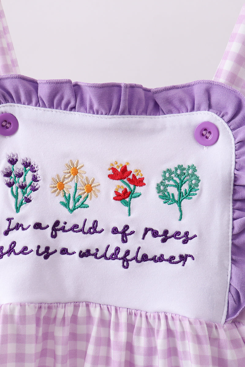 Purple Floral Embroidery Gingham Ruffle Shorts Set