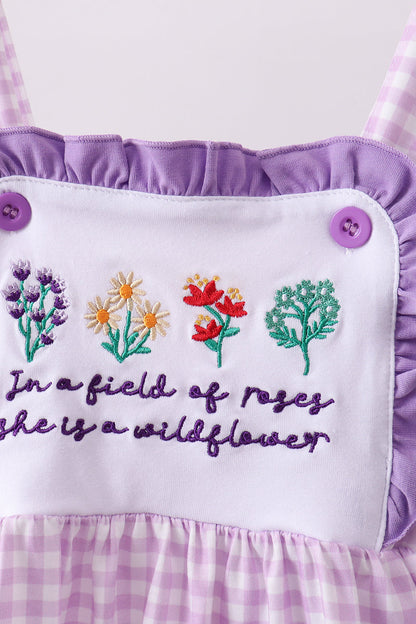 Purple Floral Embroidery Gingham Ruffle Shorts Set