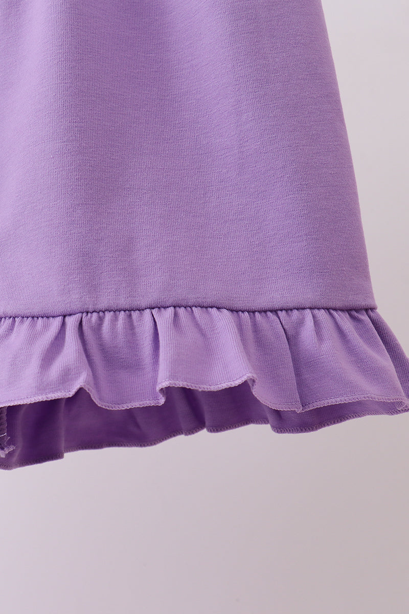 Purple Floral Embroidery Gingham Ruffle Shorts Set