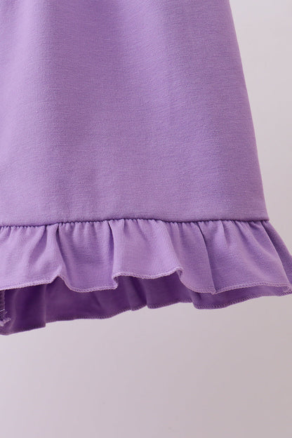 Purple Floral Embroidery Gingham Ruffle Shorts Set
