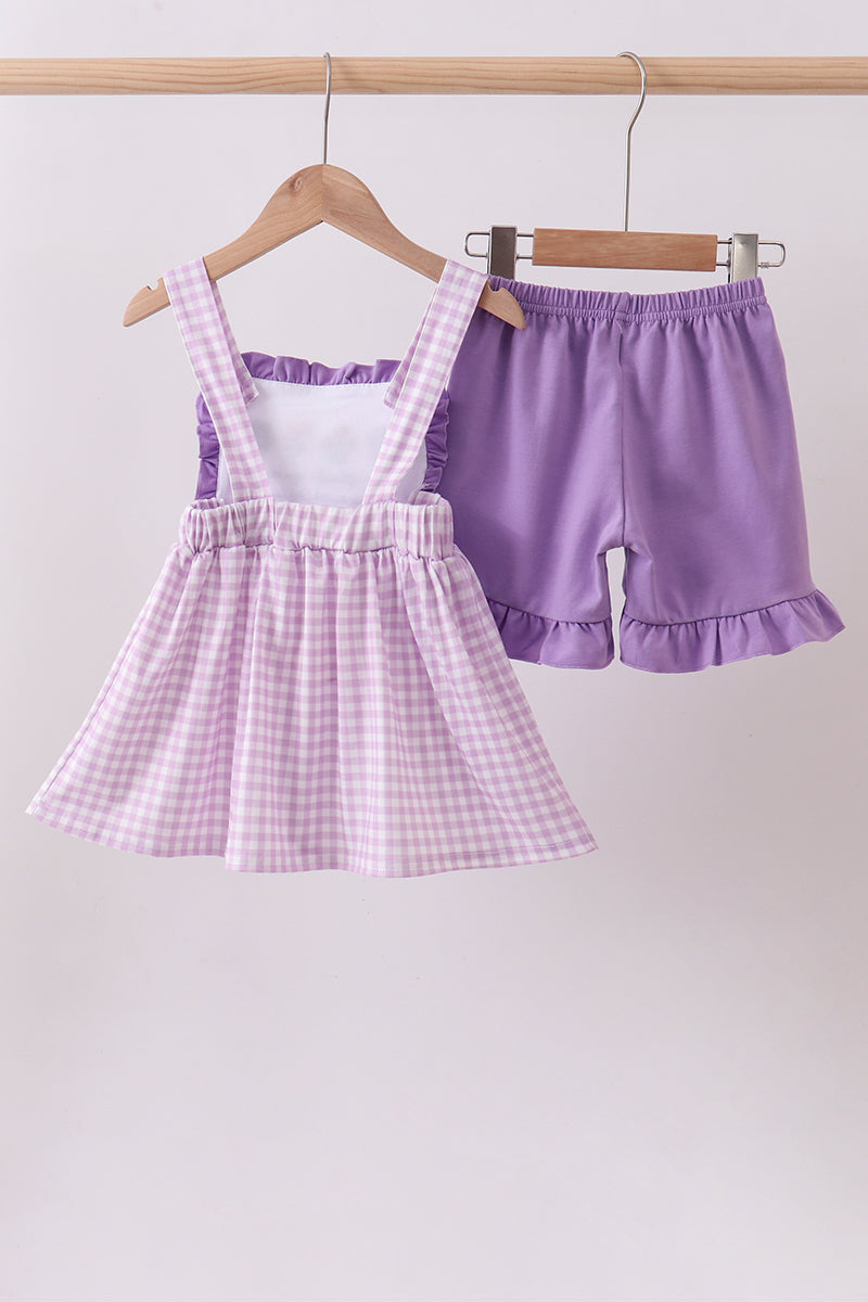 Purple Floral Embroidery Gingham Ruffle Shorts Set