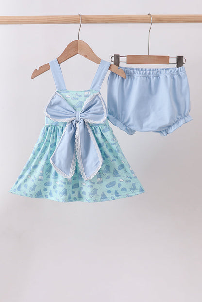 Blue Beach Print Bow Bloomer Set