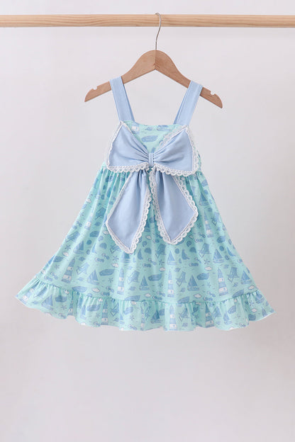 Blue Beach Print Bow Ruffle Dress